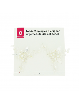 Lot de 2 épingles à chignon feuilles argentées et perles