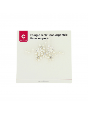 Epingle à chignon argentée avec fleurs et perles